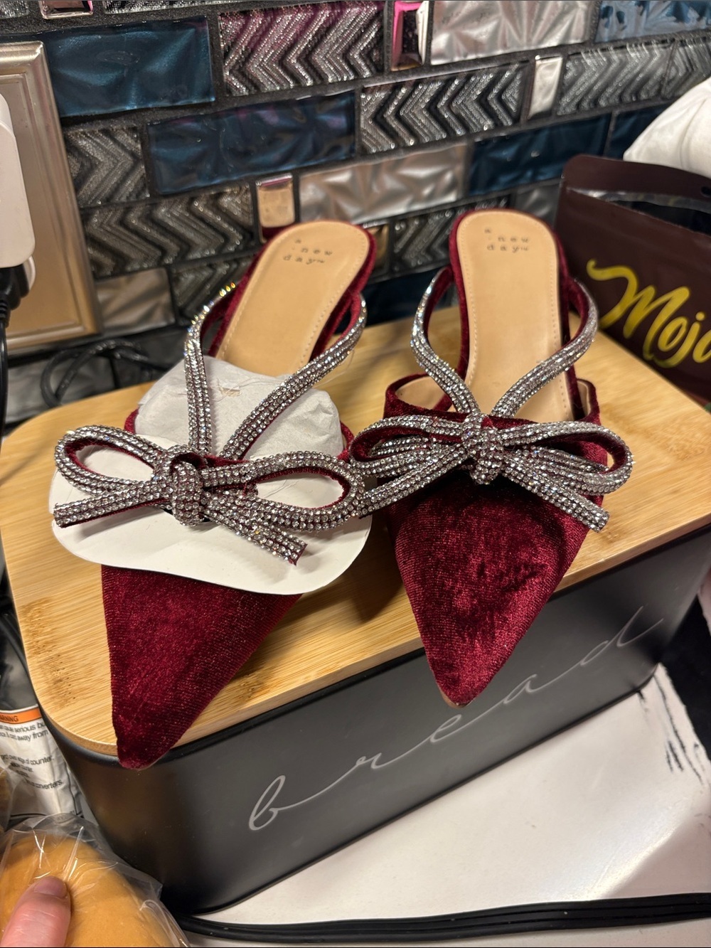 a new day Burgundy Velvet Pointed Mules with Crystal Bow Trim - Picture 1 of 6
